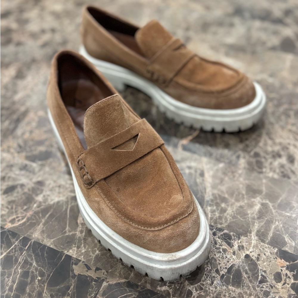 Aquatalia Tan Suede Slip-On Loafers